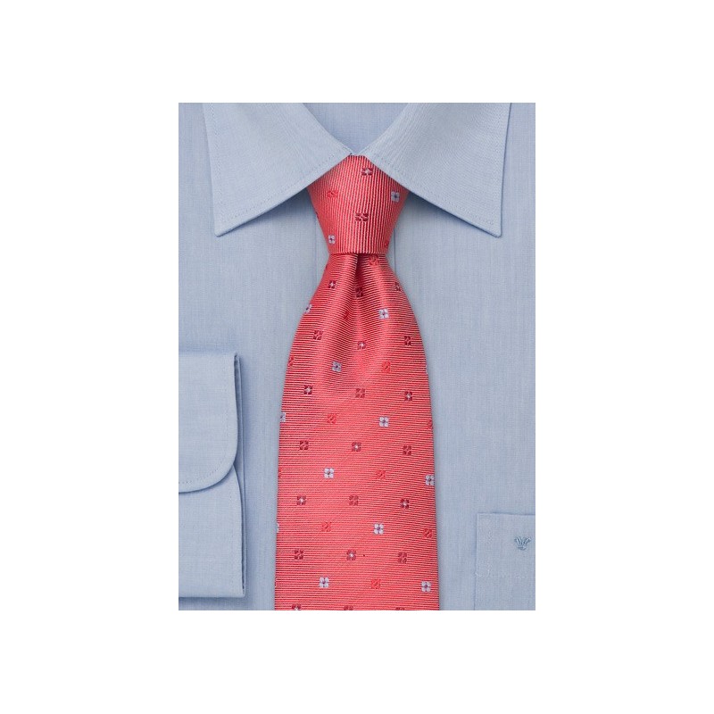 Coral red necktie  -  Handmade silk tie with flower pattern