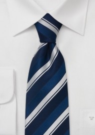 Saphire blue silk tie with silver stripes  - Handmade tie from pure silk