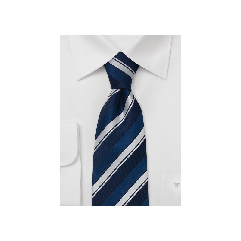 Saphire blue silk tie with silver stripes  - Handmade tie from pure silk