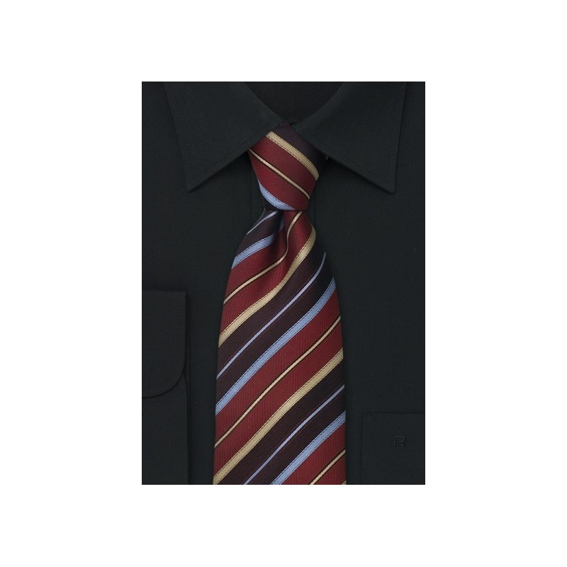 Stripes silk tie in shades of blue, burgundy, and gold - Handmade silk tie from Parsley