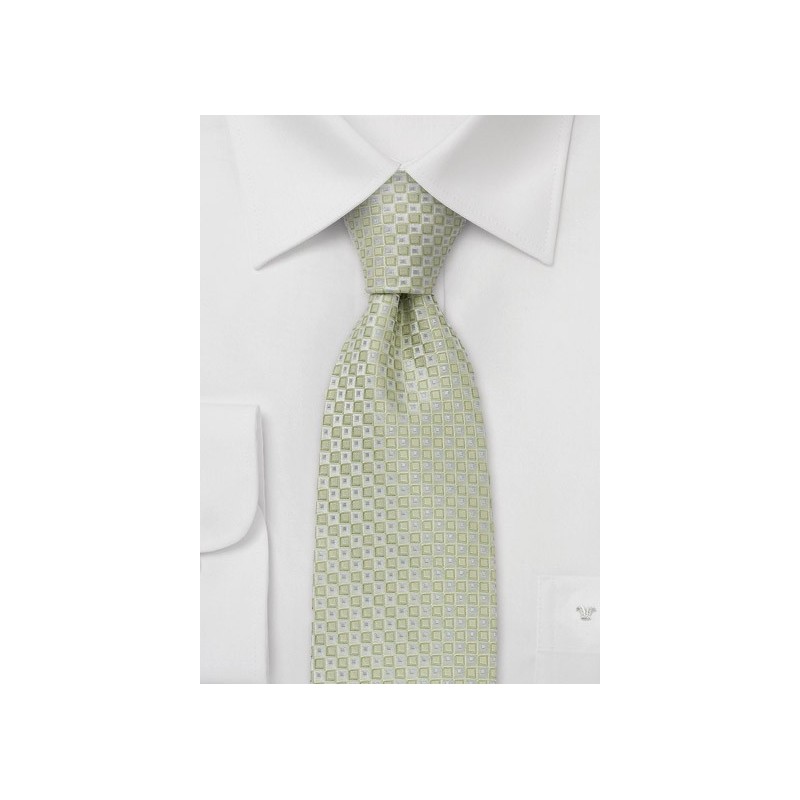 Tea green silk necktie  - Handmade tie with fine square pattern