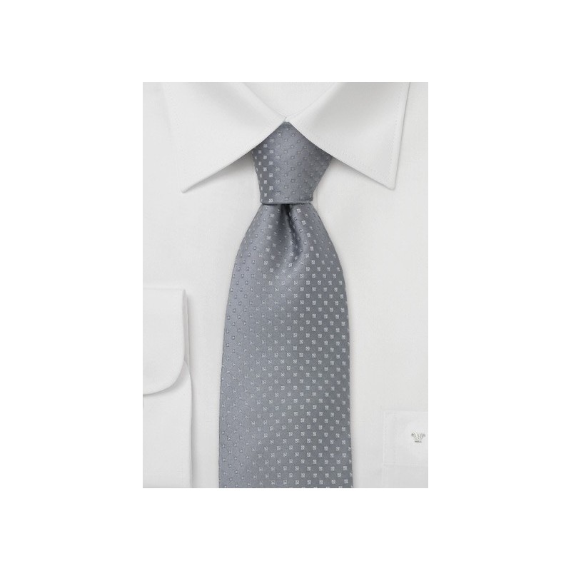 Silver gray silk tie with squares and tiny polka dots - Handmade from pure silk.
