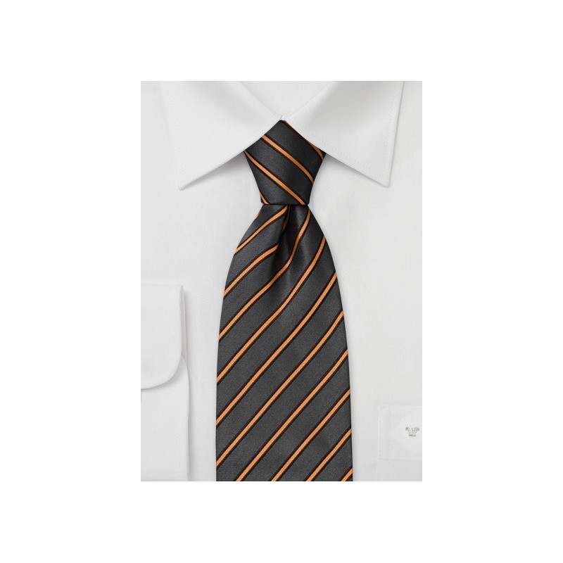 XL striped silk tie  - Extra long gray necktie with fine orange stripes