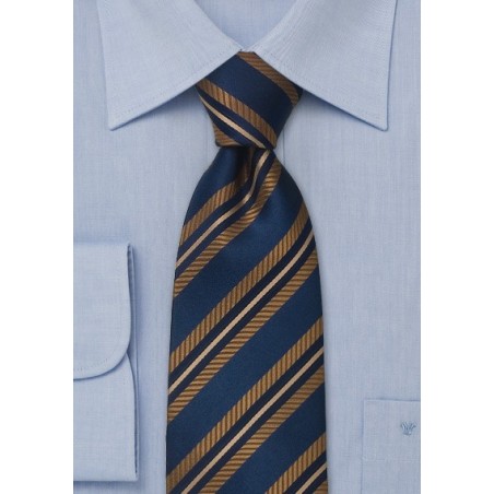 Extra long blue tie  - XL necktie in dark blue with copper color stripes