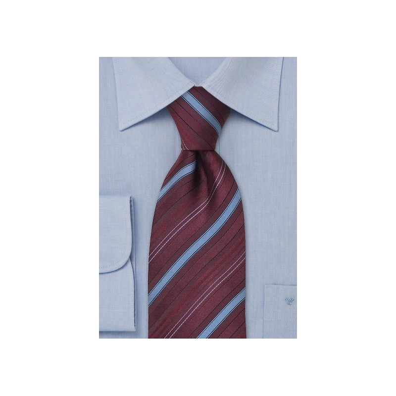 Striped necktie -  Burgundy red and light blue striped silk tie
