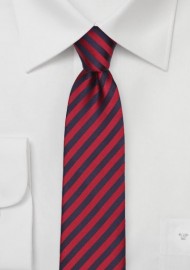 Skinny Silk Tie with Navy and Cherry Stripes