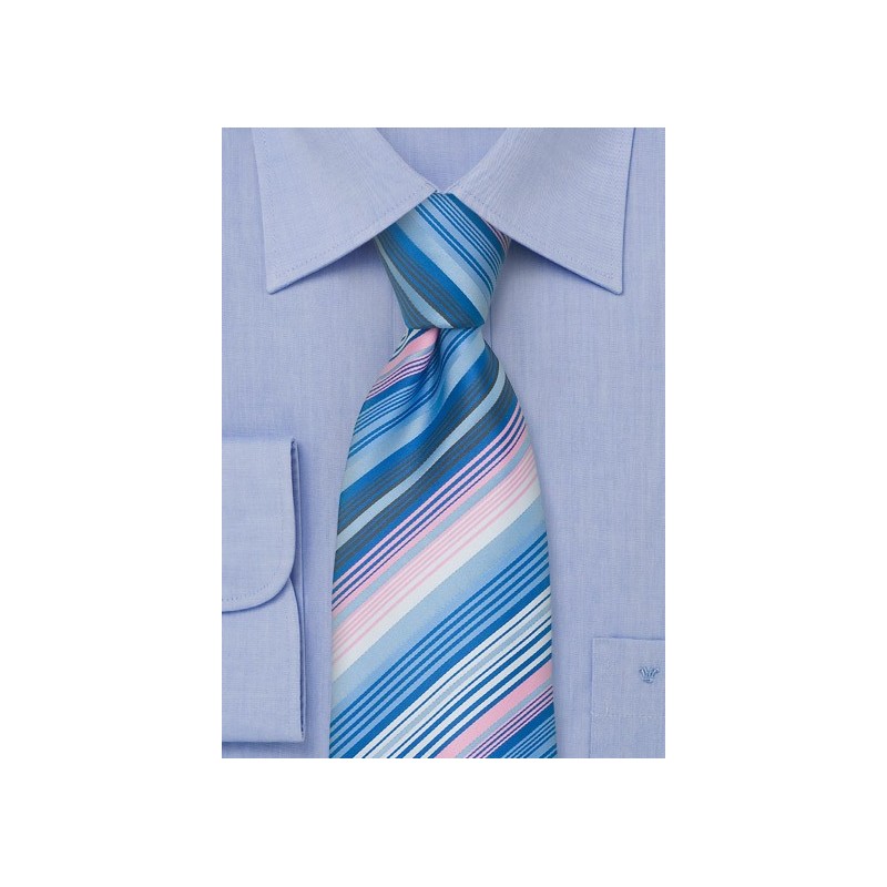 Modern Striped Necktie in Sky Blue, Navy, White, and Pink