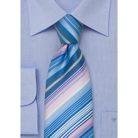 Modern Striped Necktie in Sky Blue, Navy, White, and Pink