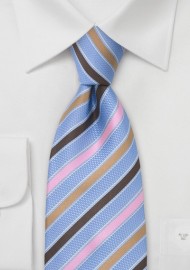 Light Blue, Pink, and Brown Striped Designer Tie