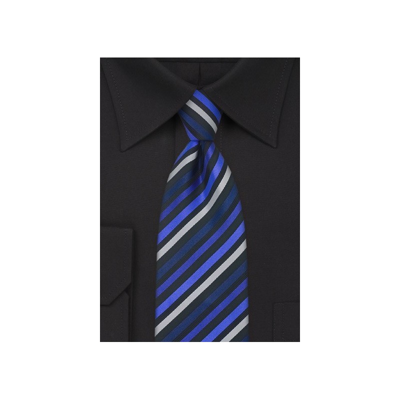 Elegant Striped Tie in Blue, Black, and Silver