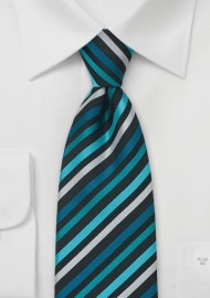 Striped Necktie in Turquoise, Black, and Silver