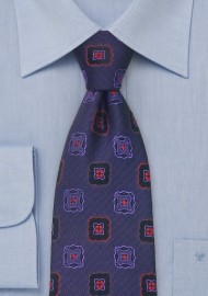 Blue Silk Tie with Red Flower Pattern by Chavalier