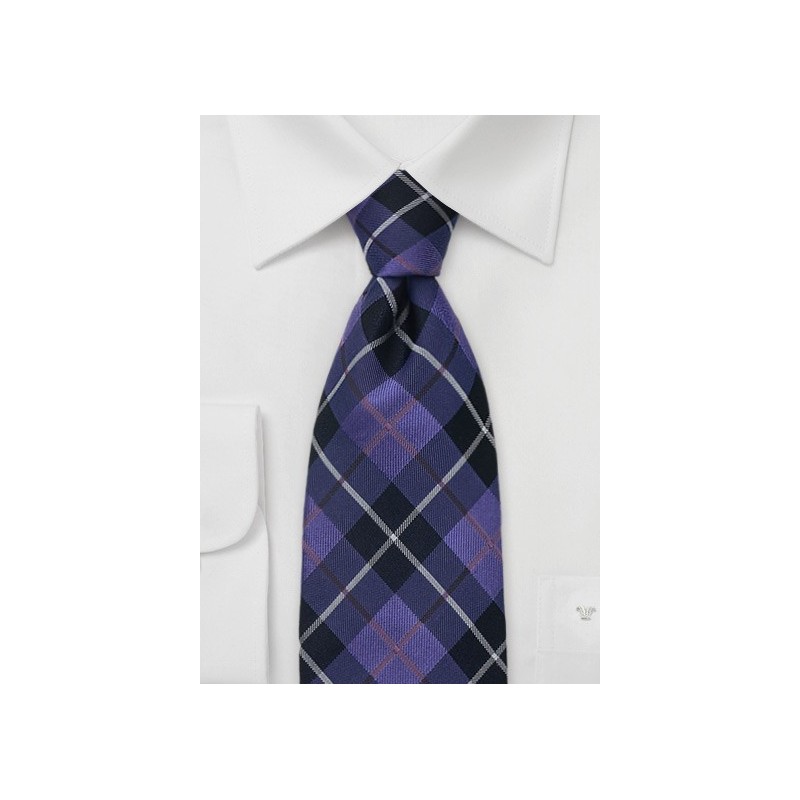 Indigo and Purple Tartan Check Tie in XL