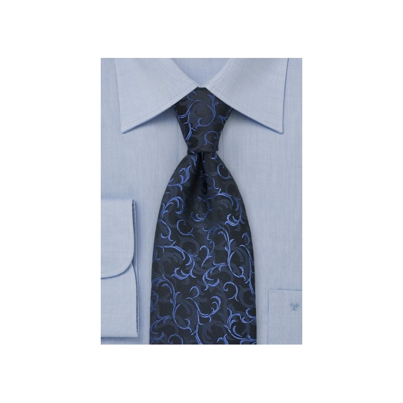 Dark Blue Scroll Patterned Silk Tie