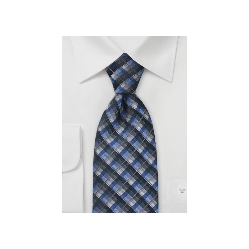 Modern Plaid Tie in Blue and Grey