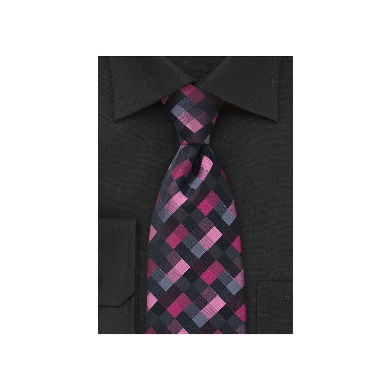 Patchwork Patterned Tie in Pinks and Blacks