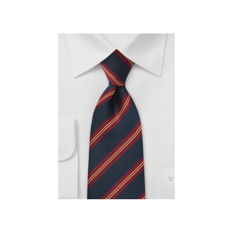 British Regimental Striped Necktie in Navy Blue, Gold, and Red