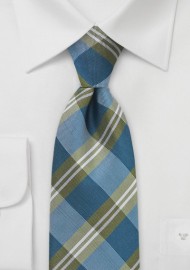 Modern Plaid Tie in Blues and Olives