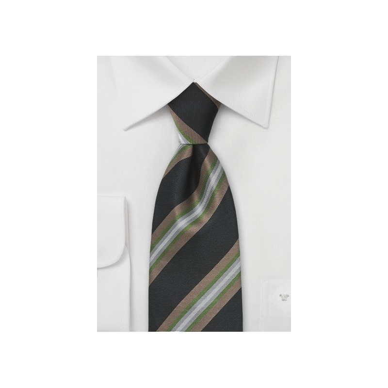 Large Striped Tie in Black, Tan and Green