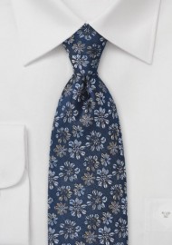 Navy Blue Tie with Embroidered Flowers