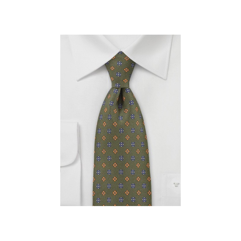 Olive Green Tie with Blue and Orange Accents