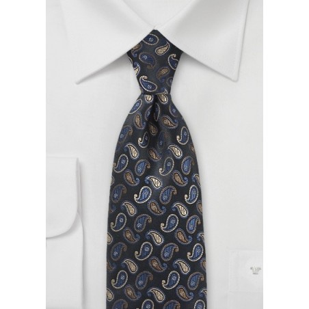 Mini Paisleys Tie  in Black With Blue Accents
