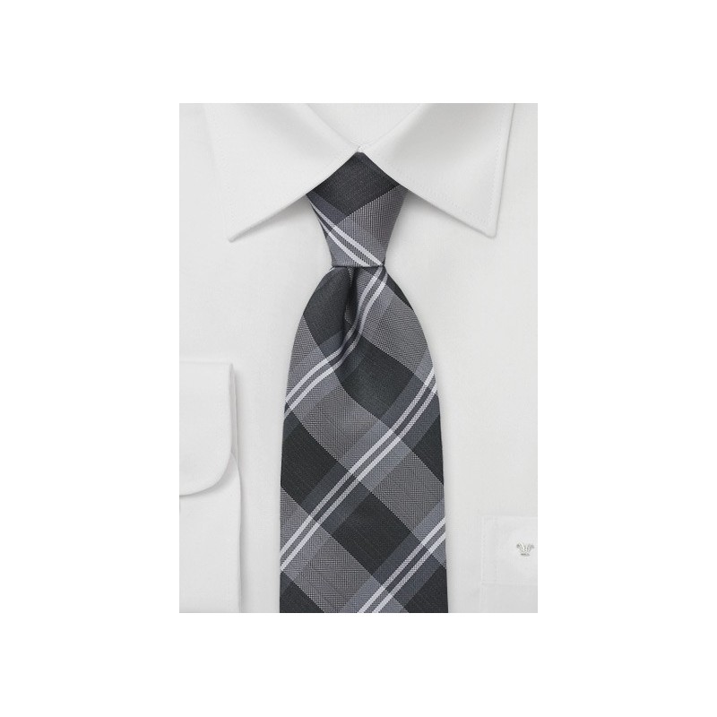 Plaid Kids Sized Tie in Tonal Greys
