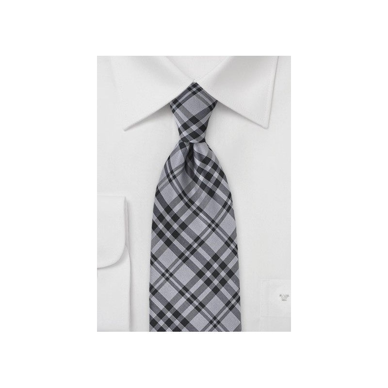 XL Length Plaid Tie in Black and Charcoal