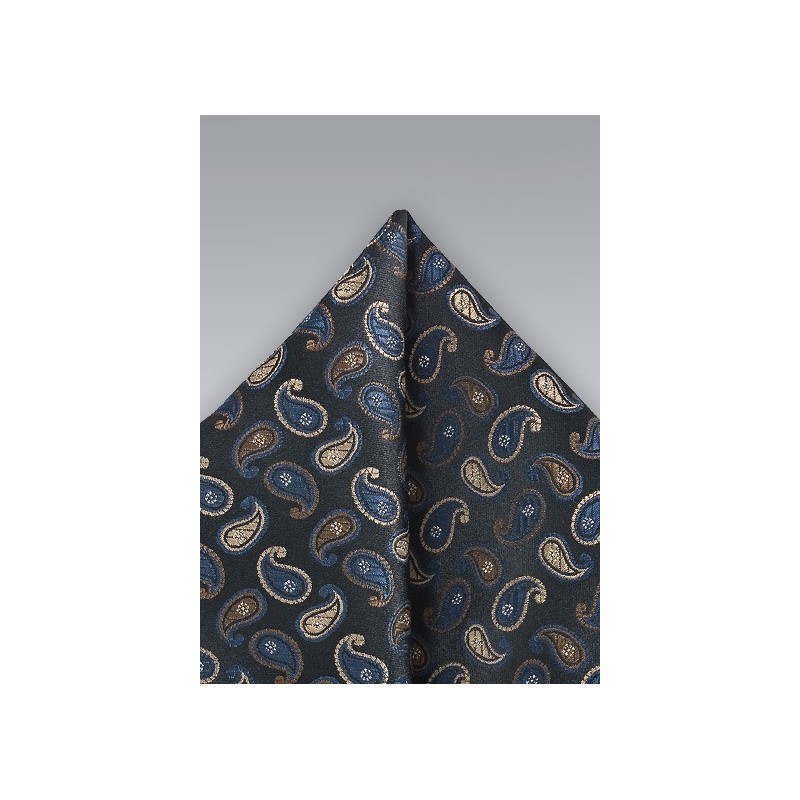 Small Paisley Patterned Pocket Square in Black and Blue