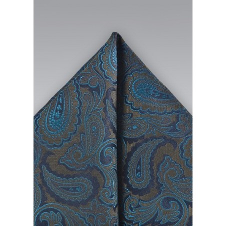 Ornate Paisley Pocket Square in Teals and Olives