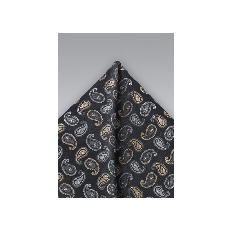 Handwoven Pocket Square in Blacks, Silvers and Golds