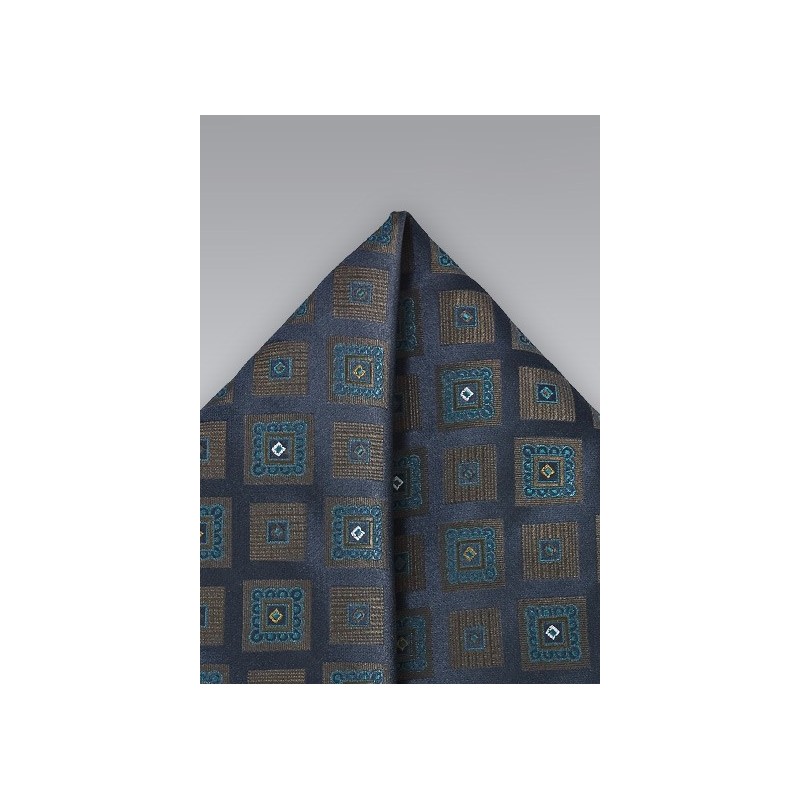 Diamond Patterned Pocket Square in Navy Blues and Olives