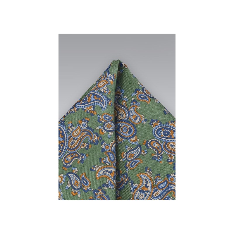 Paisley Patterned Pocket Square in Vintage Green