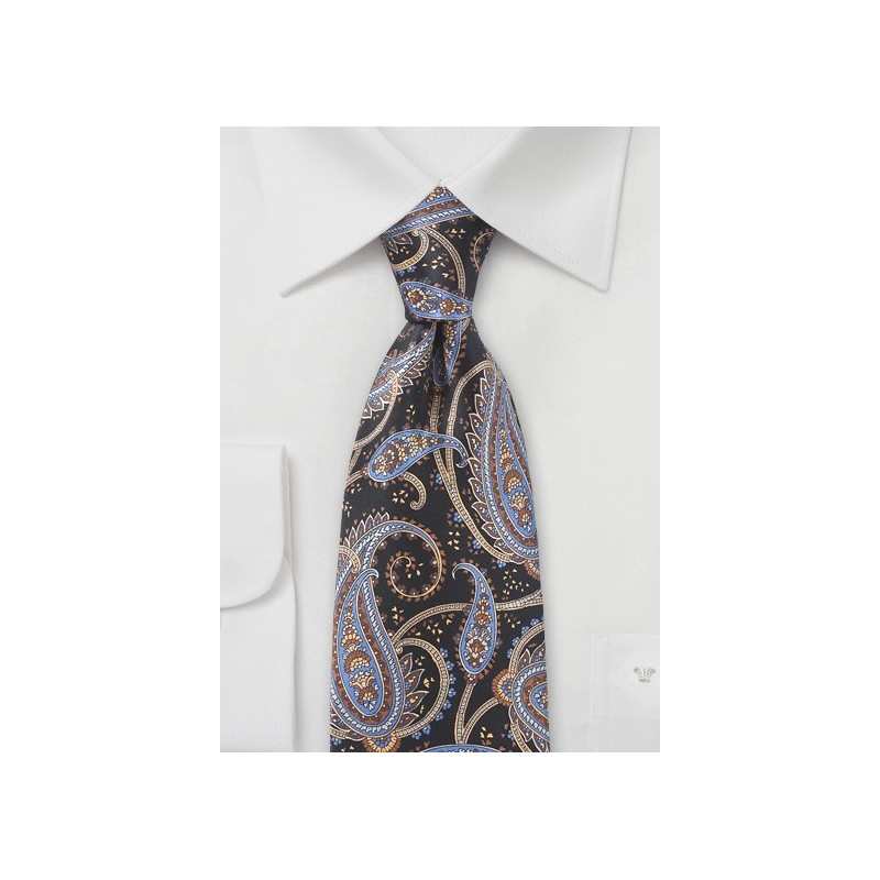 Modern Paisley Necktie in Blacks and Blues