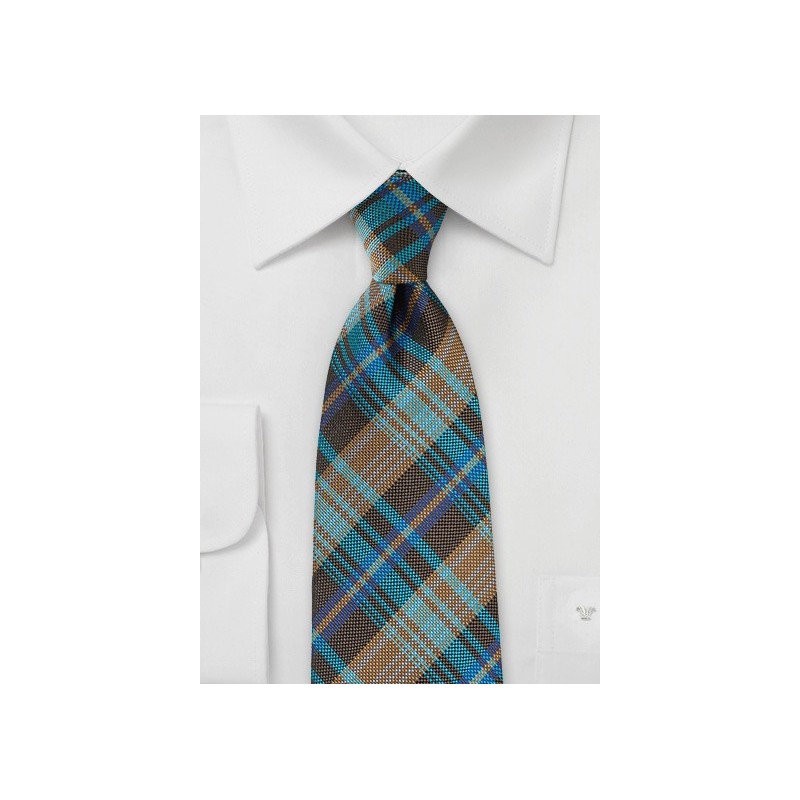 Large Plaid Tie in Browns and Teals