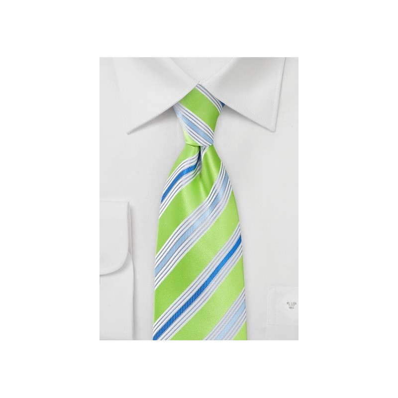Lime Green Tie with Blue and Silver Stripes