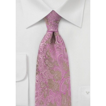 Gold and Fuchsia Silk Tie with Paisley and Floral Design