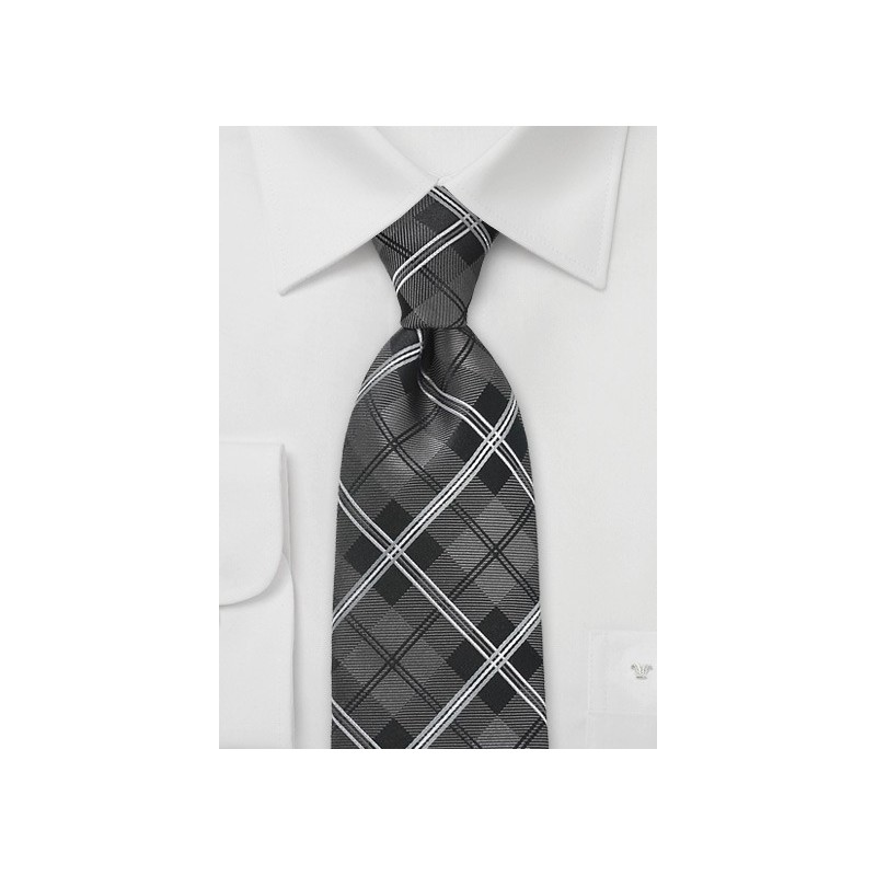 Modern Tartan Check Tie in Black and Gray