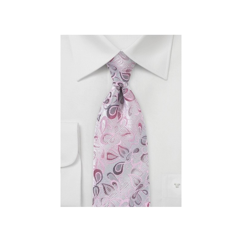 Modern Floral Patterned Tie in Pinks and Silvers