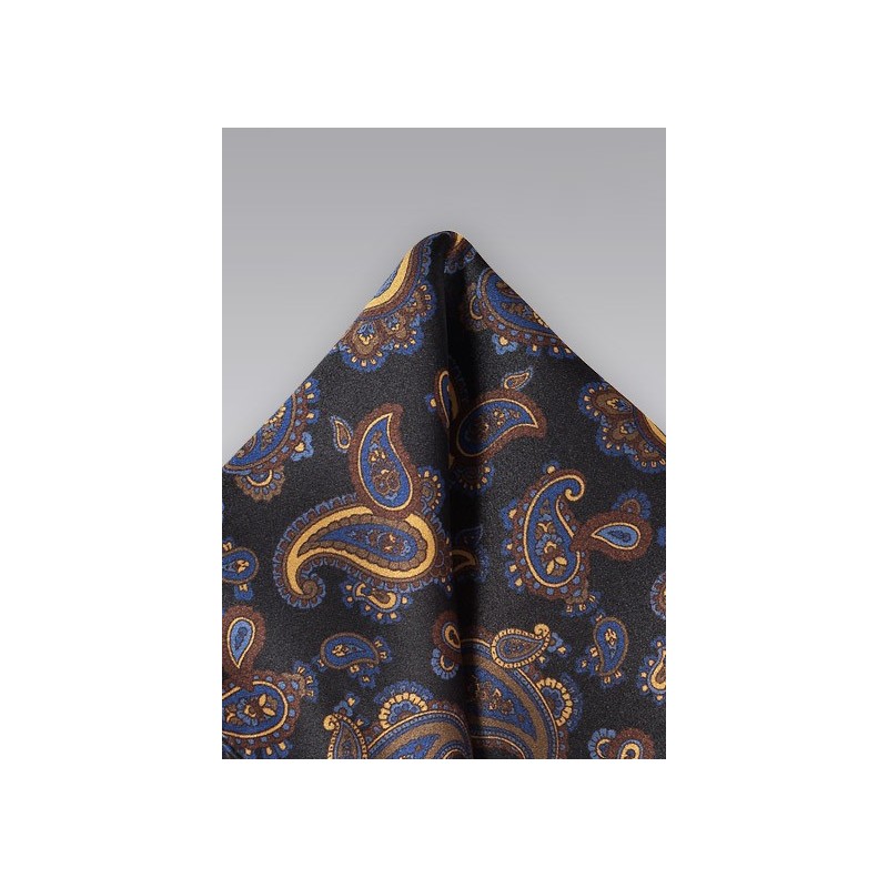 Luxe Paisley Pocket Square in Blacks, Golds and Blues