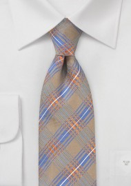 Modern Plaid Tie in Tan, Orange, Blue