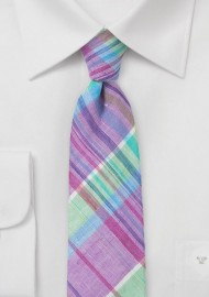 Slim Plaid Patterned Linen Tie in Pastels