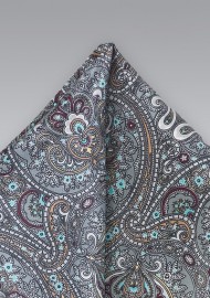 Moroccan Paisley Pocket Square in Silvers and Merlots