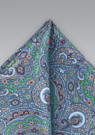 Moroccan Paisley Pocket Square in Blues and Greens