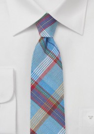 Textured Madras Plaid Skinny Tie in Blue