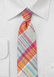 Madras Skinny Tie in Peach and Beige