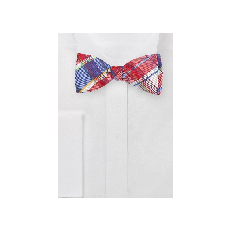 Designer Plaid Bow Tie in Reds and Blues