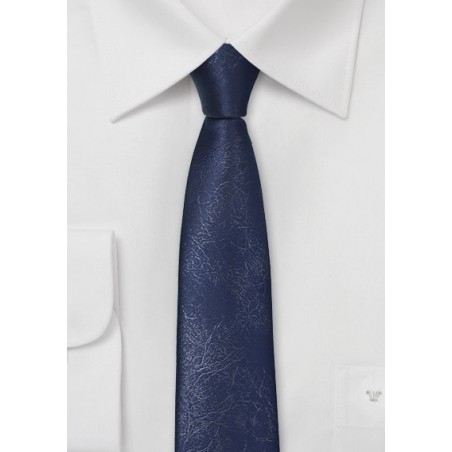 Skinny Navy Blue Necktie with Leather Look
