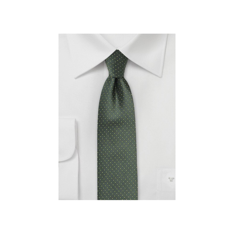Dark Green Skinny Tie with Bright Yellow Pin Dots