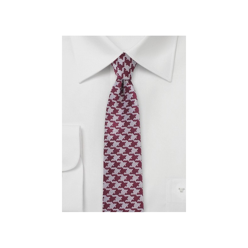 Skinny Houndstooth Silk Tie in Burgundy and Silver
